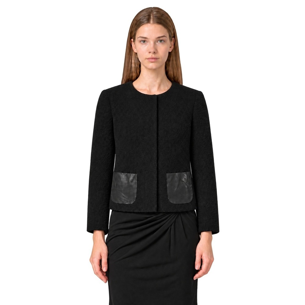 Talbots Black Blazer Jacket Womens Size 10 Petite Collarless Boucle Faux Leather